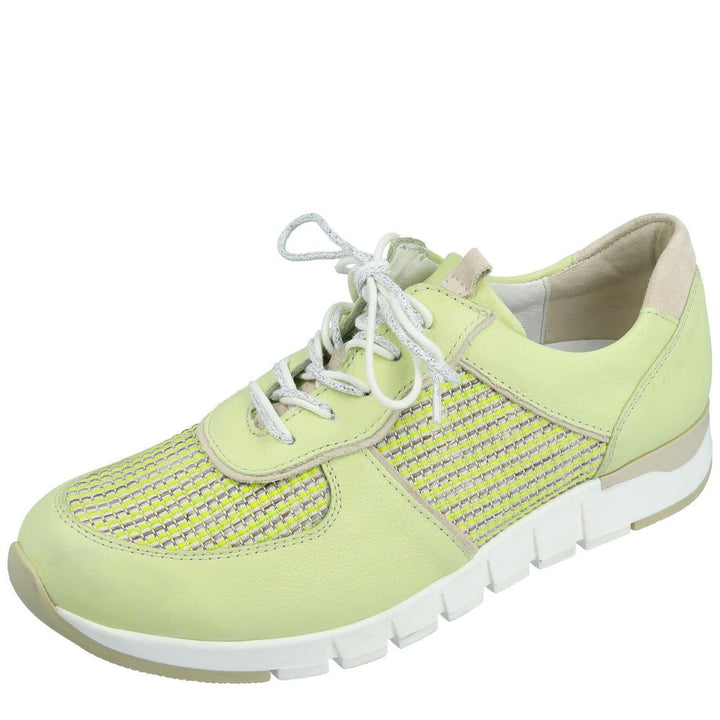 Waldlaufer H-Petra 908013 Lemon Leather Lattice Wide Fitting Lace-up Trainer