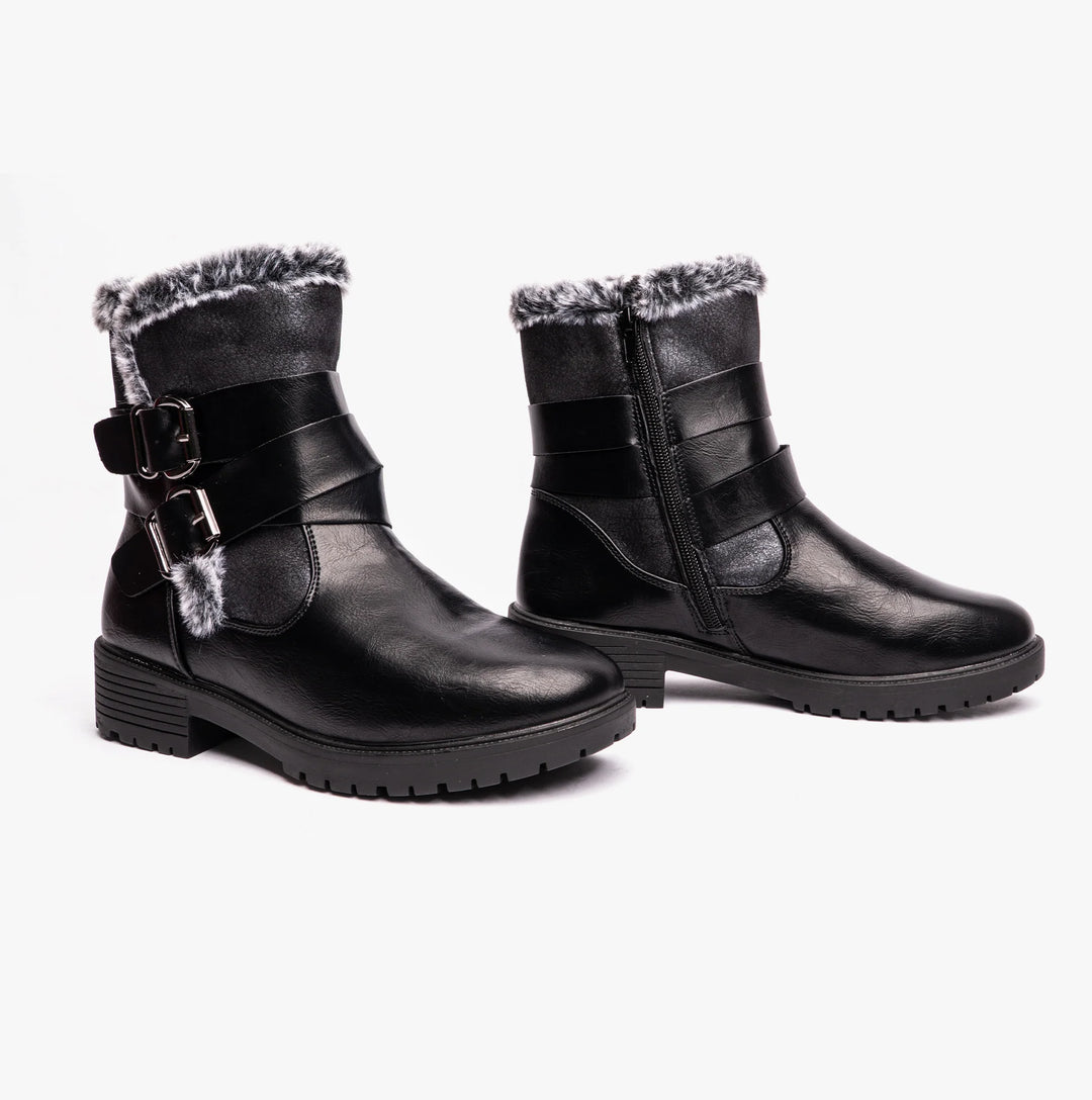 Dr Keller Phoenix Ladies Warm Lined Black Biker Style Boots With Faux Fur Cuff