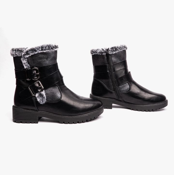 Dr Keller Phoenix Ladies Warm Lined Black Biker Style Boots With Faux Fur Cuff