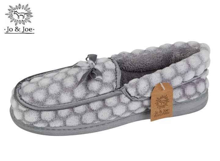 Jo & Joe Pineapple Ladies Grey Velour Moccasin Slipper Warm Lined Hard Sole BowTrim