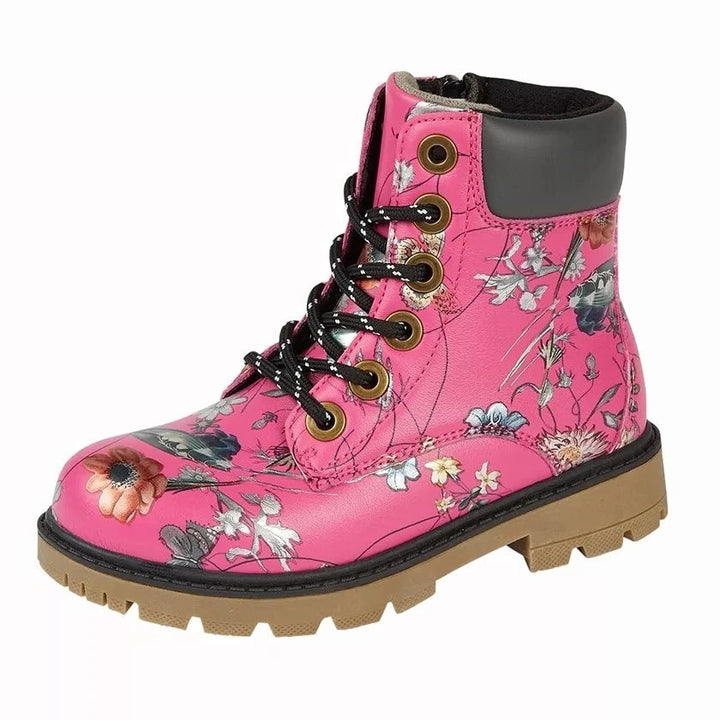 Cipriata C718 Girls DM Inspired Lace Up Military Boots With Zip Fasten, Memory Foam And Rubber Soles Pink Floral Size 9 Jnr