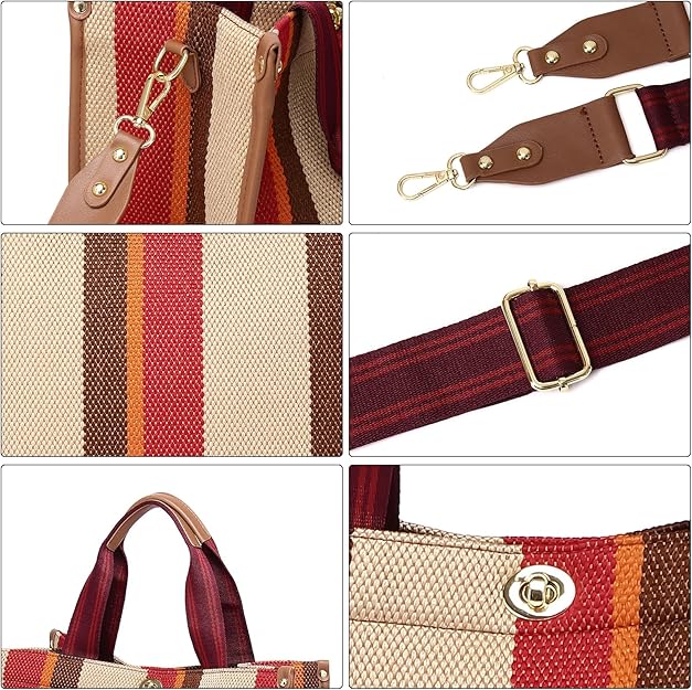 Canvas Tote Crossbody Grab Handle Shoulder Bag Handbag Orange Stripe Combination