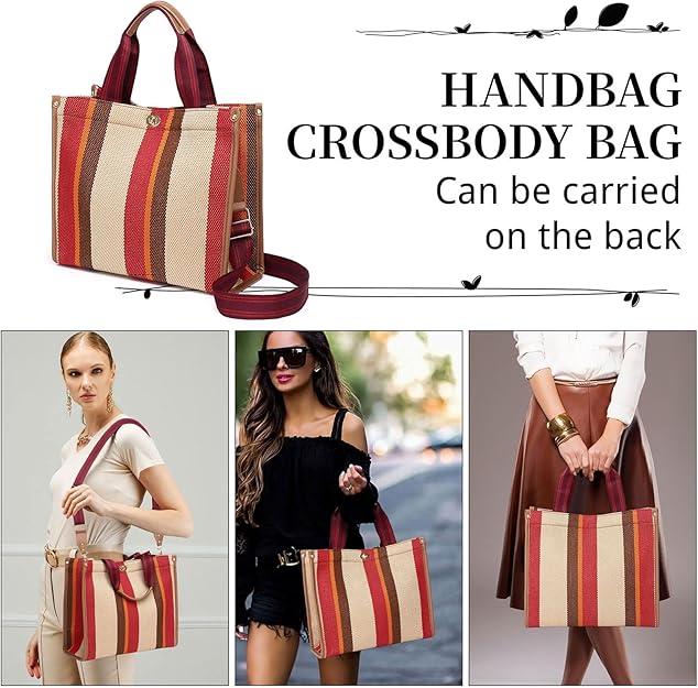 Canvas Tote Crossbody Grab Handle Shoulder Bag Handbag Orange Stripe Combination