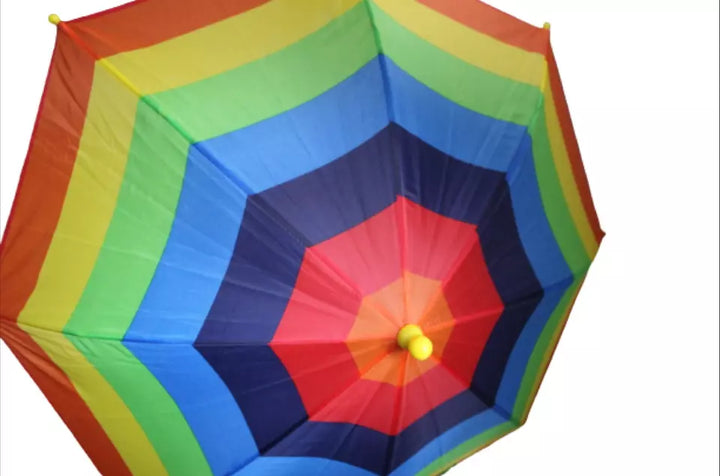 Drizzles Childrens Red Blue Green Rainbow Striped Waterproof Compact Umbrella Yellow Handle