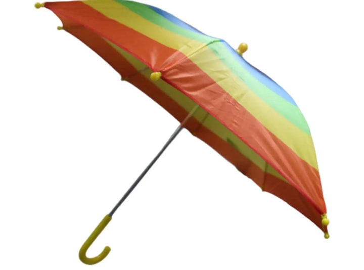 Drizzles Childrens Red Blue Green Rainbow Striped Waterproof Compact Umbrella Yellow Handle