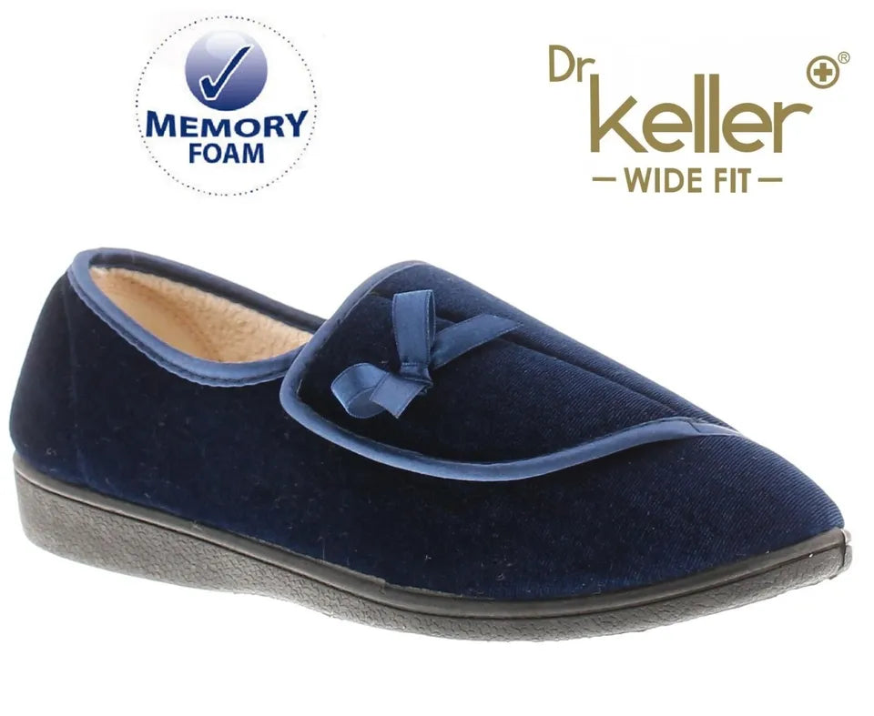 Dr Keller Viola Ladies Diabetic Wide E Fit Warm Lined Touch Fasten Slippers Navy