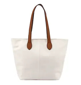 FAUX LEATHER MEDIUM TOTE SHOULDER/SHOPPING BAG WITH TAN STRAP AND ZIP FASTENING WHITE