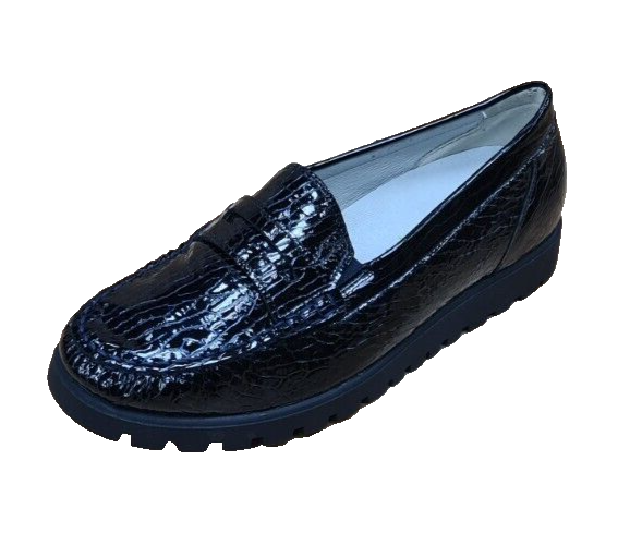 Waldlaufer Hegli Womens Wide Fit Navy Patent Reptile Print Slip On Loafers