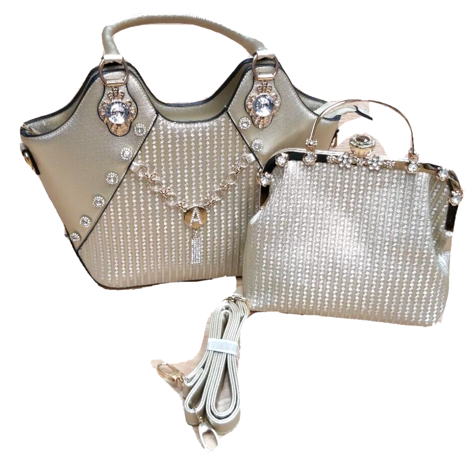 Ladies Gold Faux Leather Diamante Jewelled Detachable Strap Handbag Set