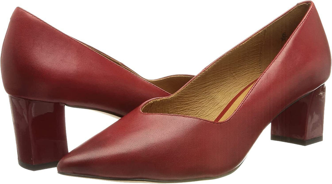 Caprice 22408 Ladies Red Leather Upper And Lined Pointed Toe Court Shoes With Patent Block Heel