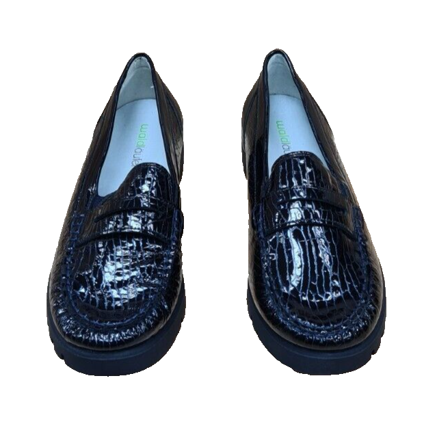 Waldlaufer Hegli Womens Wide Fit Navy Patent Reptile Print Slip On Loafers