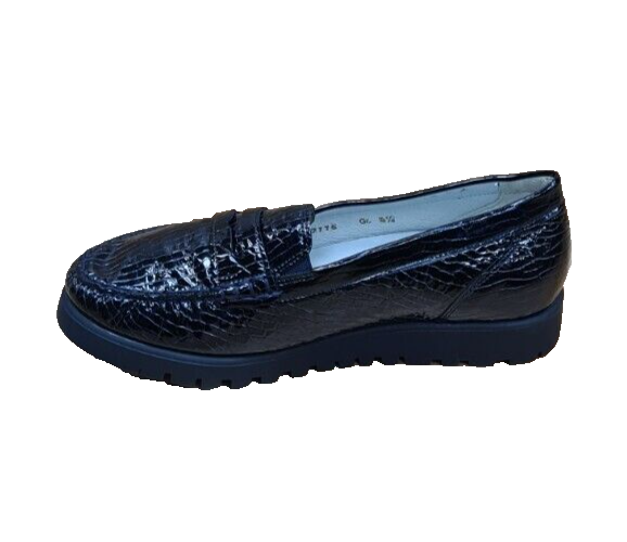 Waldlaufer Hegli Womens Wide Fit Navy Patent Reptile Print Slip On Loafers