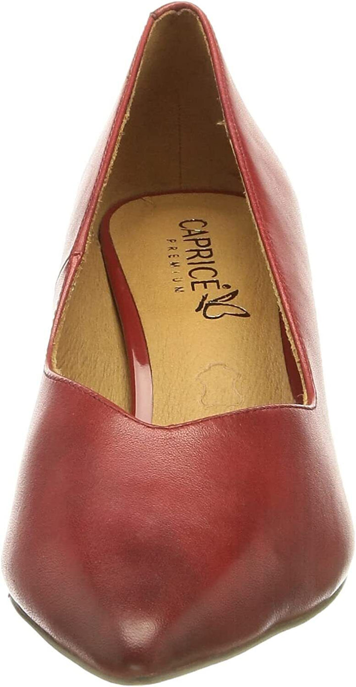 Caprice 22408 Ladies Red Leather Upper And Lined Pointed Toe Court Shoes With Patent Block Heel