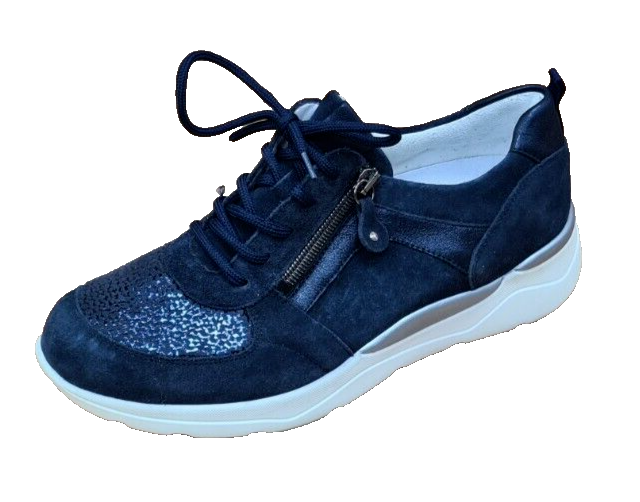 Waldlaufer H-Gabriele Womens Wide Navy Suede Animal Print Lace/Zip Up Trainer