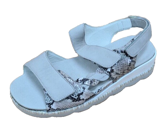 Waldlaufer K-Nelly Ladies Wide Fit Grey Nubuck Reptile Print Touch Fasten Sandal