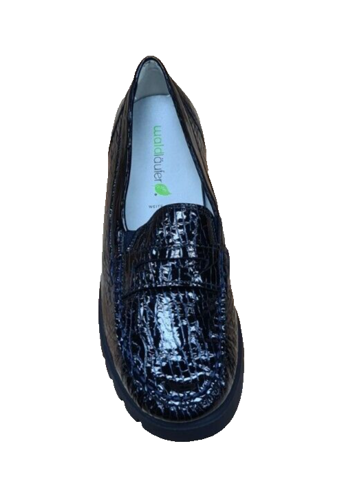 Waldlaufer Hegli Womens Wide Fit Navy Patent Reptile Print Slip On Loafers