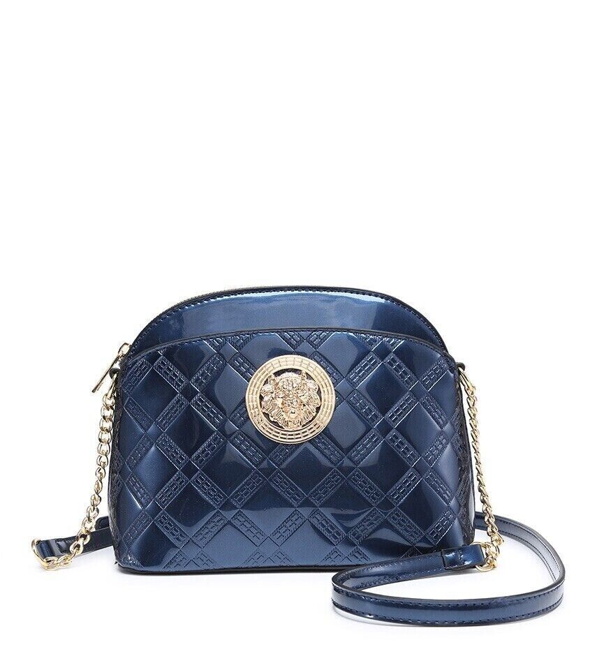 Ladies Designer Navy Patent Lion Badge Crossbody Zip Up Glamorous Oval Bag