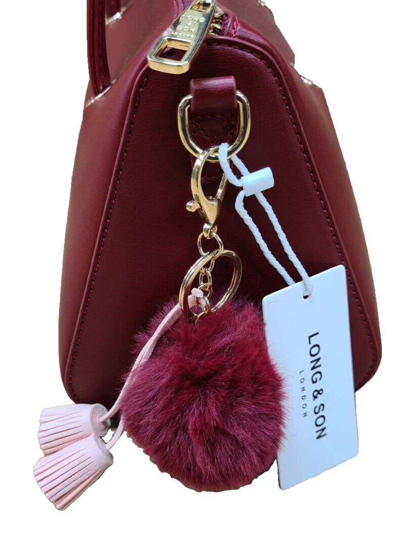 Long & Son London Ladies Pom Pom/Tassels Keychain Detachable Strap Handbag Wine